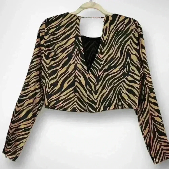 Zara Women's CropTop Blouse Black Brown Animal Print Back Chain Size Small - Picture 4 of 13